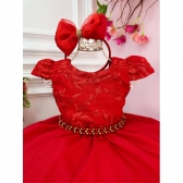 Vestido Infantil Vermelho C/ Renda Tiara e Cinto de Pérolas