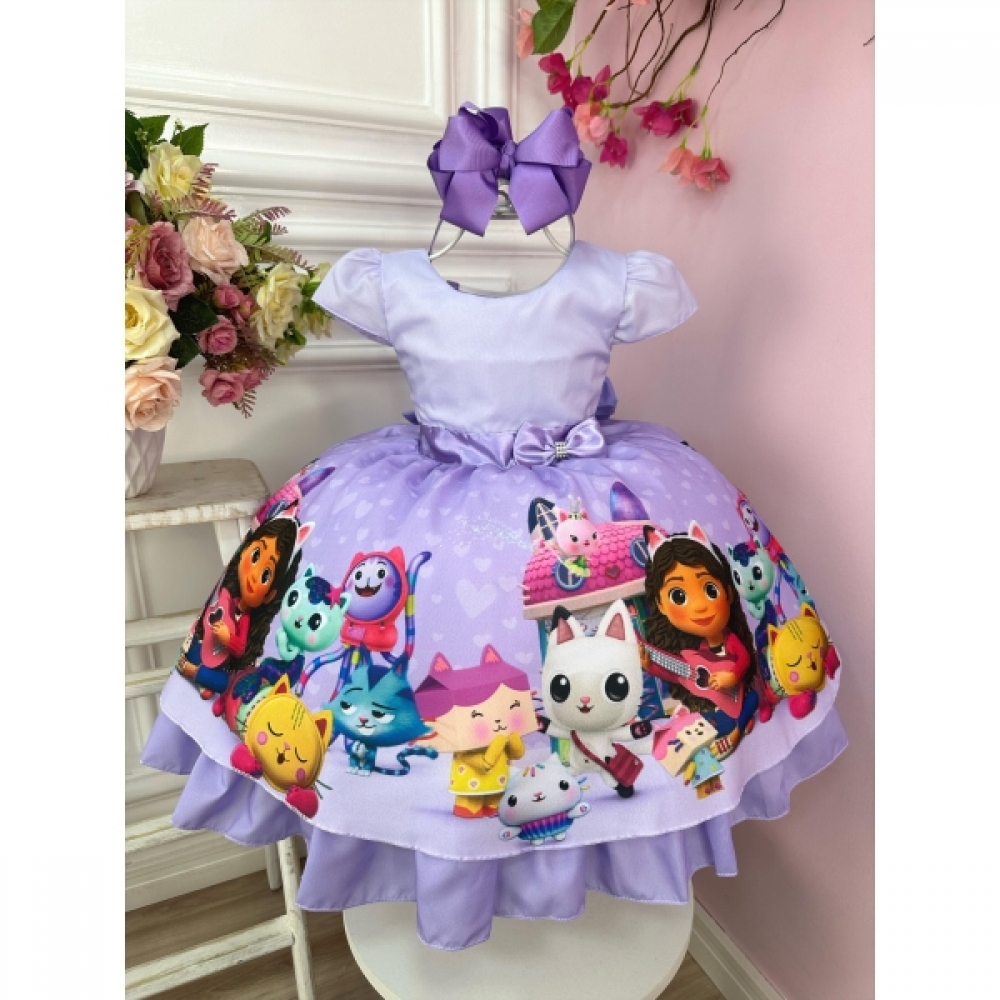 Vestido Infantil Lilás Casa Mágica da Gabby Laço Luxo - Lilás