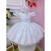 Vestido Infantil Branco C/ Aplique Flores Borboletas e Renda