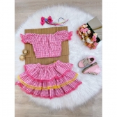Conjunto Meninas Junino Rosa Xadrez Cropped C/ Mini Saia