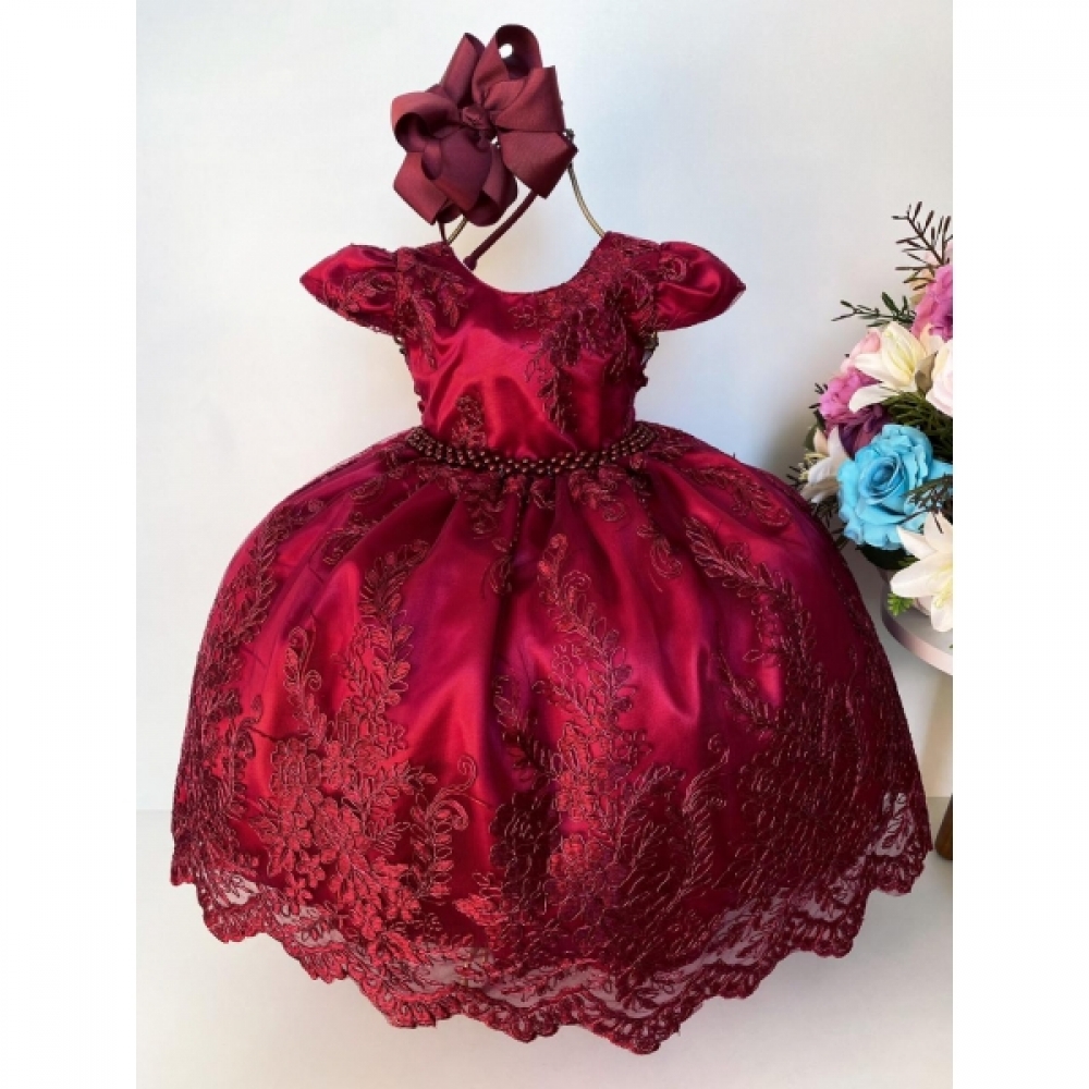 Vestido Infantil Marsala C/ Renda Realeza e Cinto de Pérolas