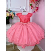 Vestido Infantil Goiaba Florido de Renda e Cinto de Pérolas - Goiaba