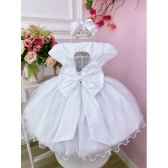 Vestido Bebê Branco Busto C/ Poá e Pérolas Batizados Festa - Branco
