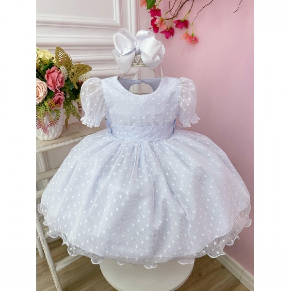Vestido Bebê Branco Com Poá e Pérolas Batizados Festas