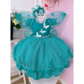 Vestido Infantil Verde Aplique de Borboletas Glitter