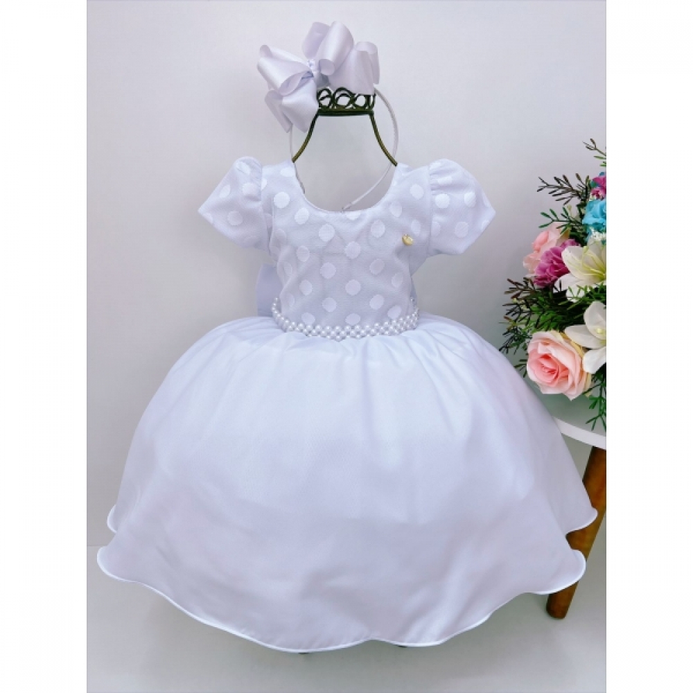 Vestido Infantil Branco C/ Bolinhas Cinto Pérolas Luxo