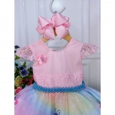 Vestido Infantil Rosa Galinha Pintadinha Luxo Cinto Pérolas