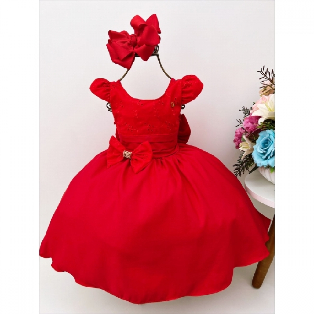Vestido Infantil Vermelho C/ Renda Laço Strass Luxo