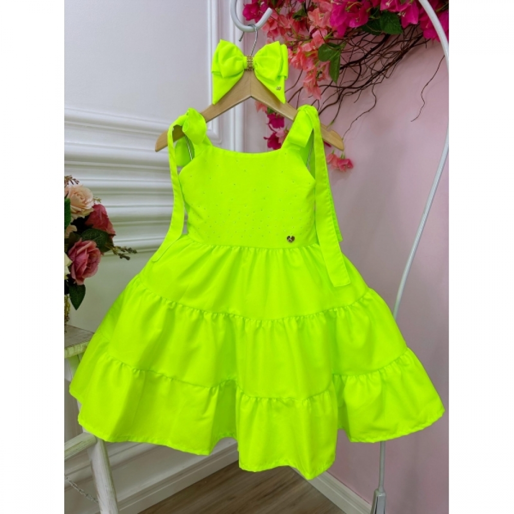 Vestido infantil Verde Lima Neon Strass no Busto e Laço Damas