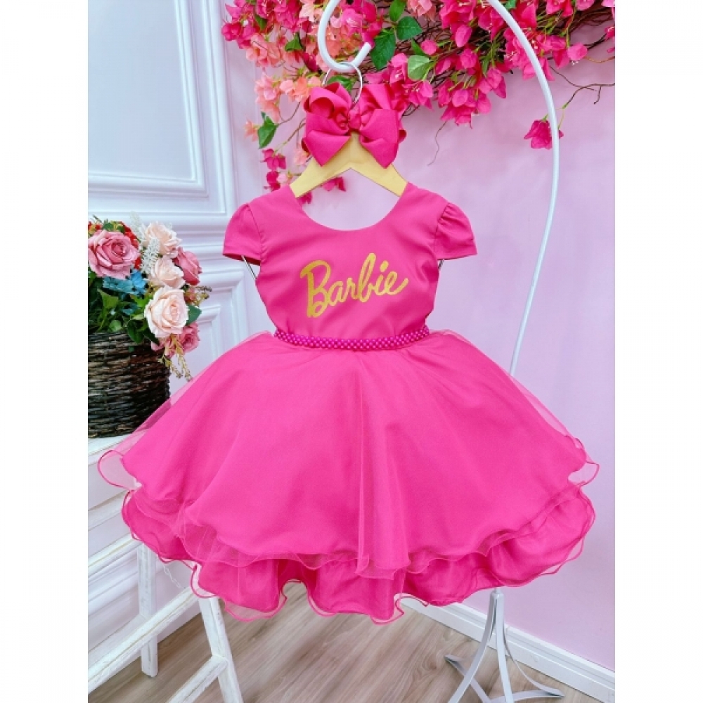 Vestido Infantil Barbie Luxo Pink Com Cinto de Pérolas - Pink