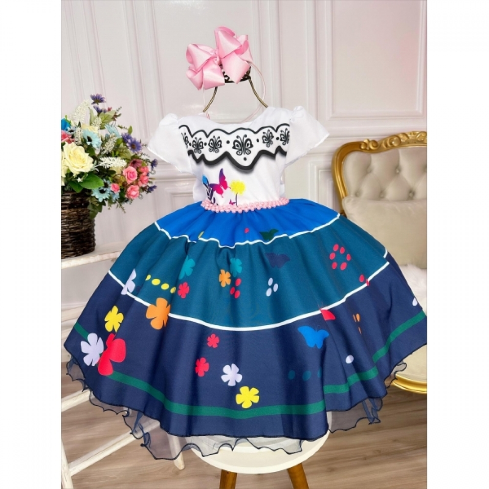 Vestido Infantil Encanto Jardim Azul C/ Cinto Pérolas
