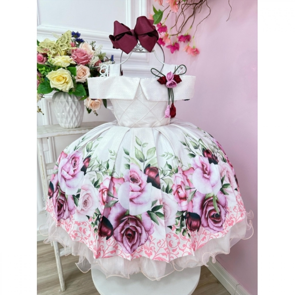 Vestido Infantil Rosa Bebê Busto Nervura Florido C/ Broche - Rosa Claro