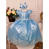 Vestido Infantil Azul C/ Renda Realeza e Cinto de Pérolas