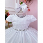 Vestido Bebê Branco Busto C/ Poá e Pérolas Batizados Festa - Branco