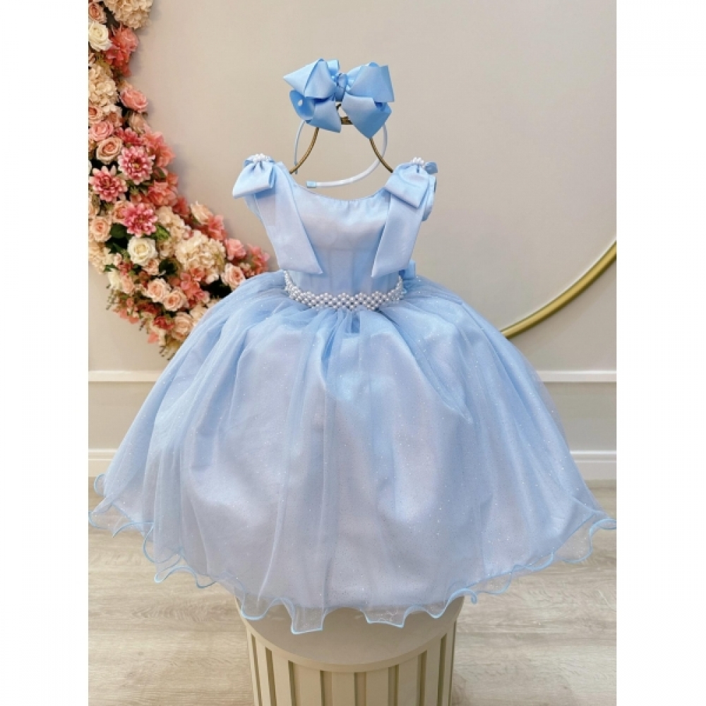 Vestido Infantil Azul Claro C/ Pérolas e Saia Tule Glitter - Azul Claro