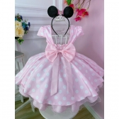 Vestido Infantil Rosa C/ Bolinhas Minnie C/ Aplique de Laço