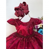 Vestido Infantil Marsala C/ Renda Realeza e Cinto de Pérolas