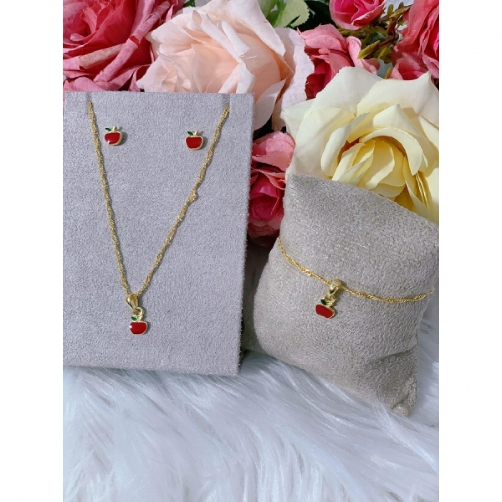 Conjunto Colar Brinco e Pulseira Branca Neve Maçã