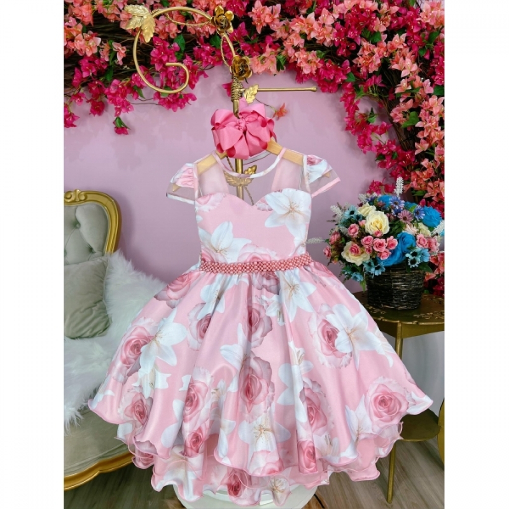 Vestido Infantil Rosa Florido C/ Cinto de Pérolas Luxo
