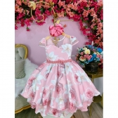 Vestido Infantil Rosa Florido C/ Cinto de Pérolas Luxo