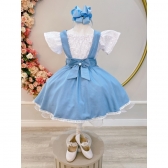 Conjunto Meninas Blusa Branca Bordada e Salopete Azul Claro