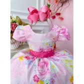 Vestido Infantil Rosa Jardim das Flores Com Pérolas Festas
