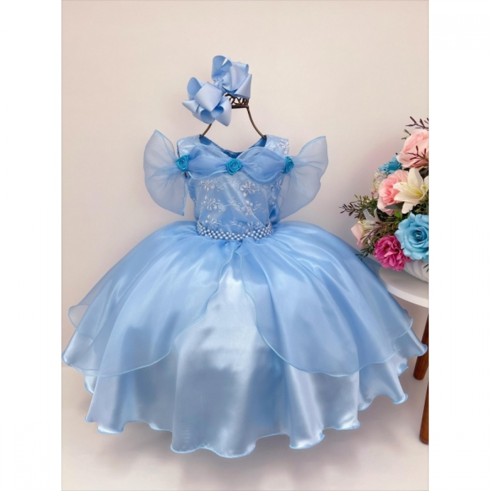 Vestido Infantil Frozen e Cinderela C/ Renda Cinto Pérolas