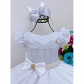 Vestido Infantil Branco C/ Renda Pérolas e Strass Luxo - Branco