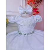Vestido Infantil Branco C/ Renda e Cinto de Pérolas Laço