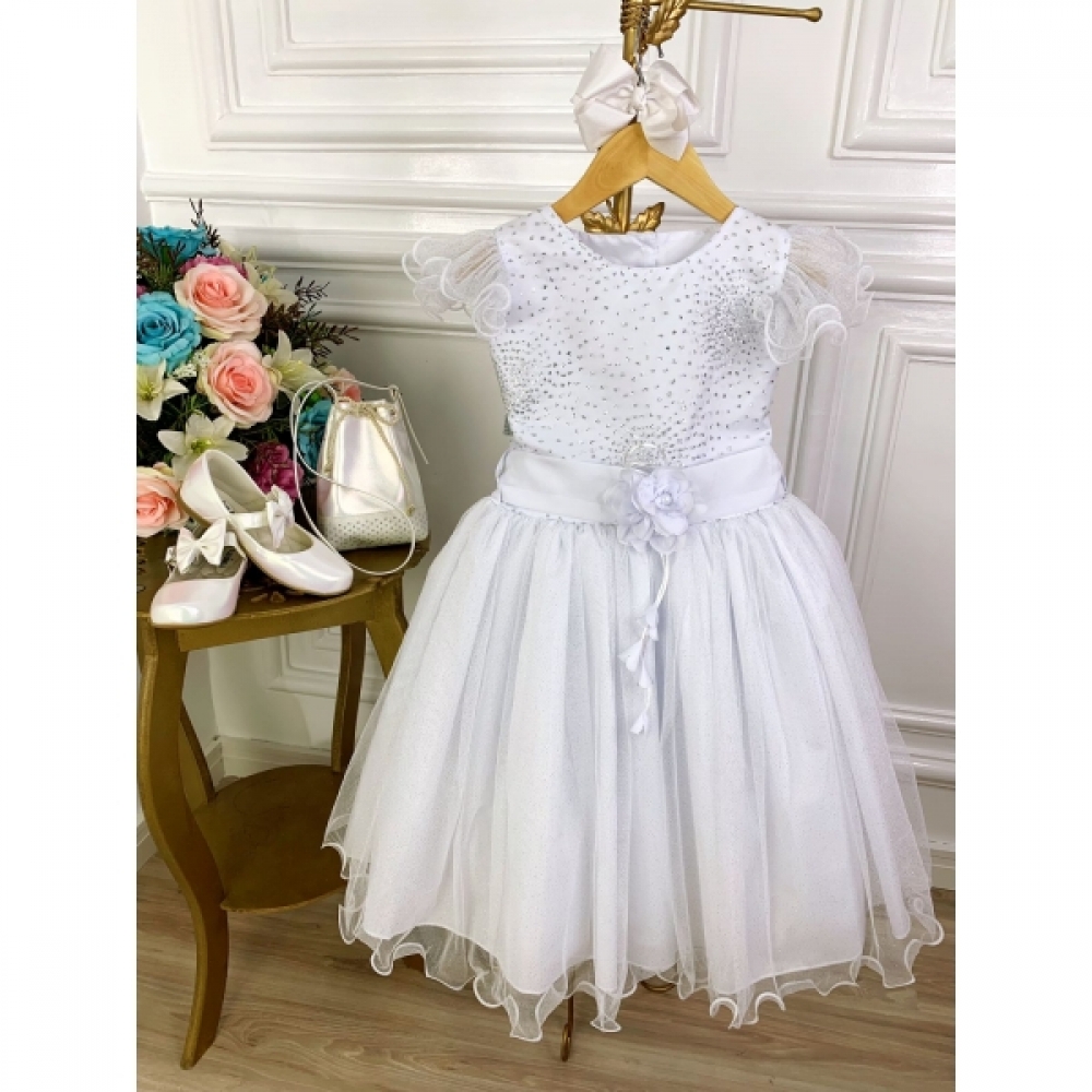 Vestido Infantil Branco Com Glitter e Broche de Flor Luxo