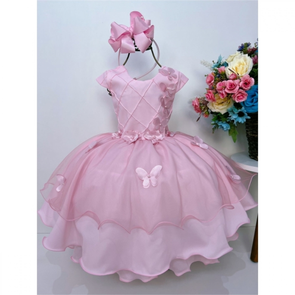 Vestido Infantil Rosa Aplique Flores e Borboletas C/ Pérolas