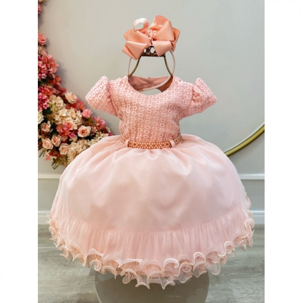 Vestido Infantil Pêssego Busto C/ Strass e Saia Com Babados