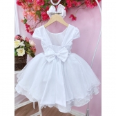 Vestido Infantil Branco C/ Busto Nervura Cinto Pérolas Festa