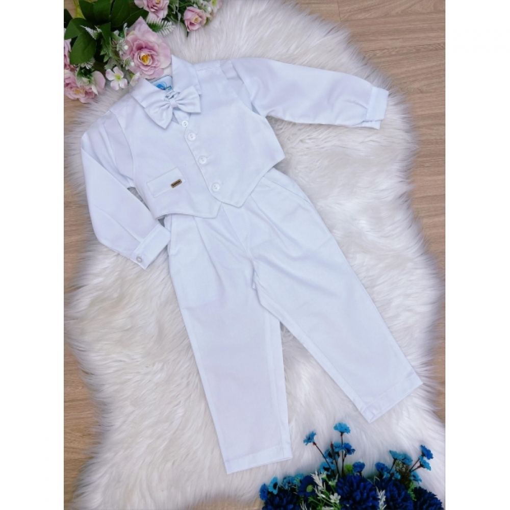 Conjunto Social Calça Camisa Colete Gravata Branco - Branco