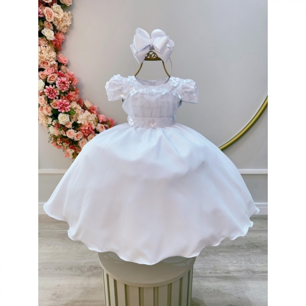 Vestido Infantil Branco C/ Busto Tule e Aplique de Flores - Branco