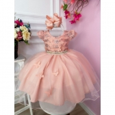 Vestido Infantil Salmão Bordado C/ Borboletas e Pérolas