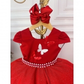 Vestido Infantil Vermelho C/ Aplique de Borboletas Glitter