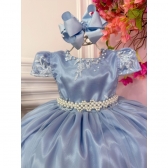 Vestido Infantil Azul Com a Renda Realeza e Cinto de Pérolas