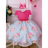 Vestido Infantil Rosa Chiclete Peito Nervura Florido Pérolas