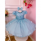 Vestido Infantil Azul Renda Aplique Flor Borboleta e Laço