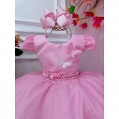 Vestido Infantil Rosa Com Aplique de Borboletas C/ Glitter