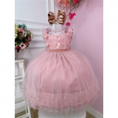 Vestido Infantil Rose C/ Aplique de Flores e Renda Luxo