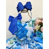 Vestido Infantil Azul Florido C/ Pérolas e Strass Luxo