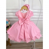 Vestido Infantil Rosa Peito Nervura Cinto de Pérolas Strass
