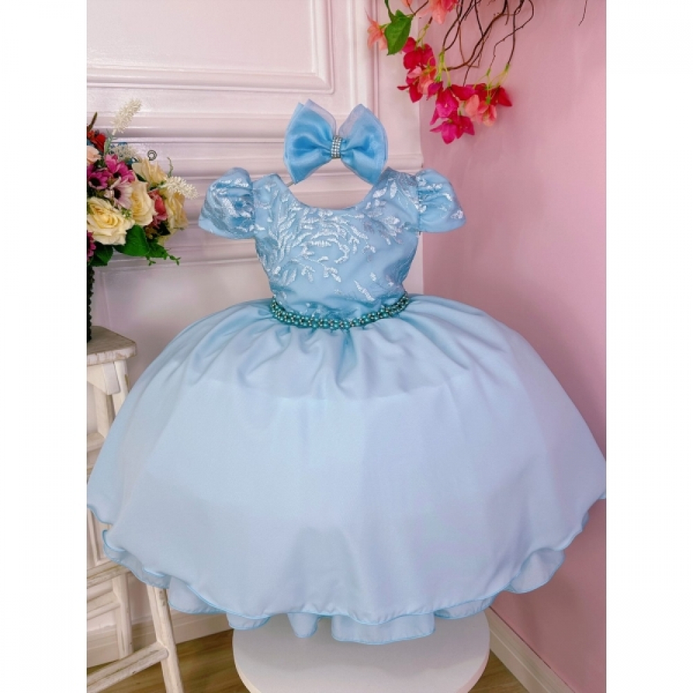 Vestido Infantil Azul C/ Renda e Cinto de Pérolas Laço - Azul Claro