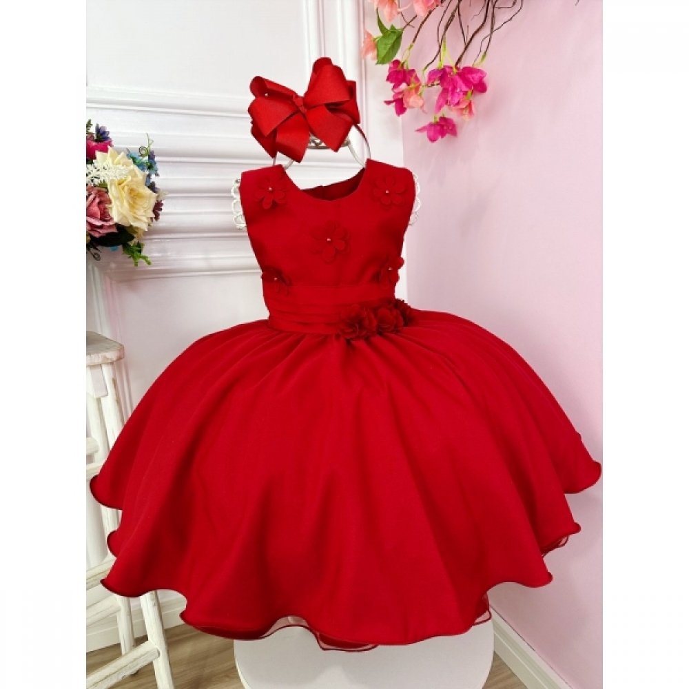 Vestido Infantil Vermelho Com Aplique de Flores Damas