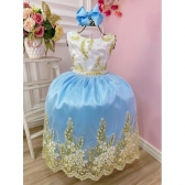 Vestido Infantil Branco Com Azul e Renda Realeza Damas