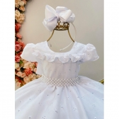 Vestido Infantil Branco Laise C/ Babados e Cinto de Pérolas