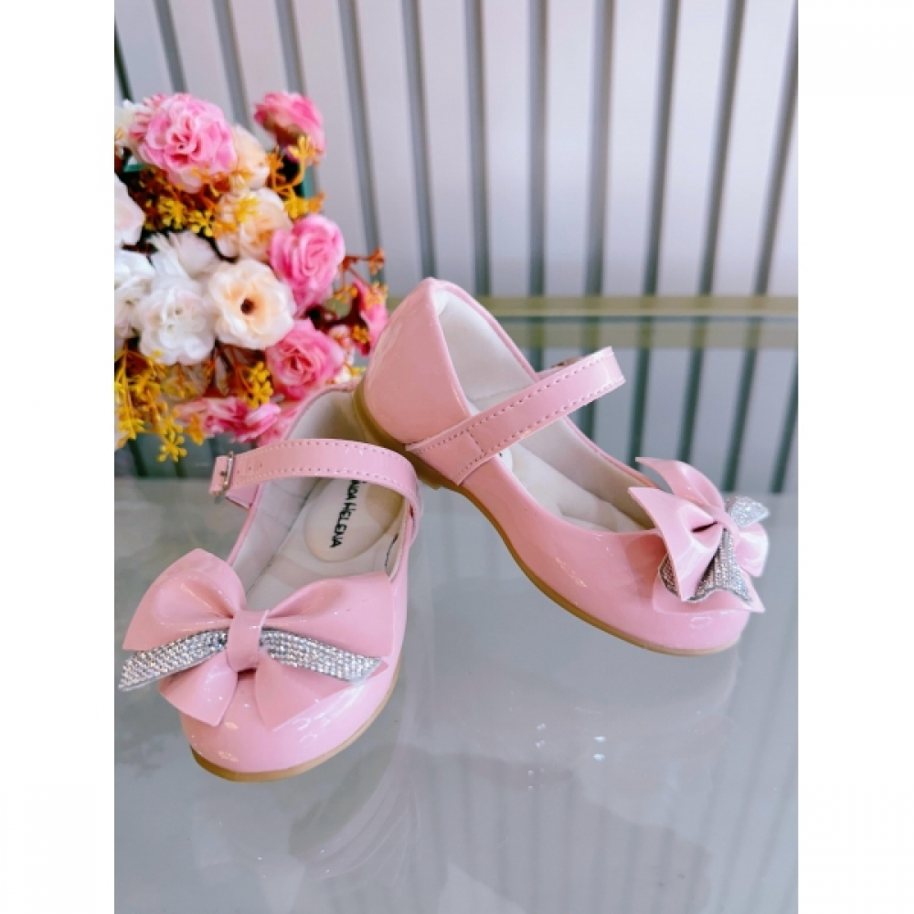Sapatinho Rosa Verniz Aplique de Lacinho Com Strass Luxo