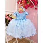 Vestido Infantil Azul Bebê C/ Renda e Cinto de Pérolas Tiara - Azul Claro
